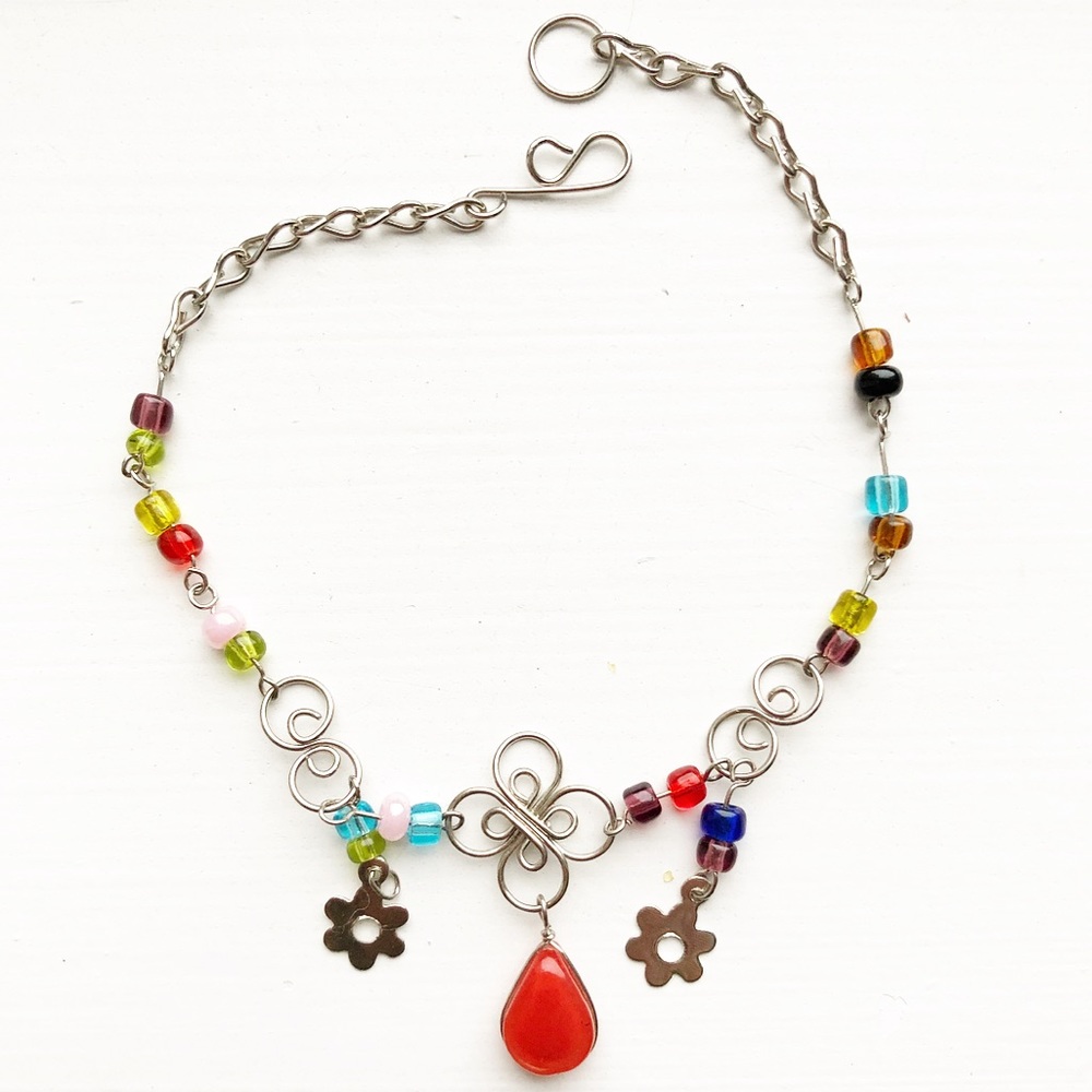 Silver wire & colorful beaded floral bracelet